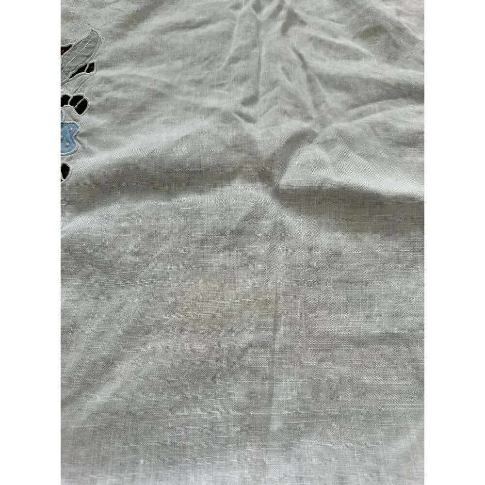 Vintage Hand Embroidered Tablecloth White floral blue linen cut out 98x58”